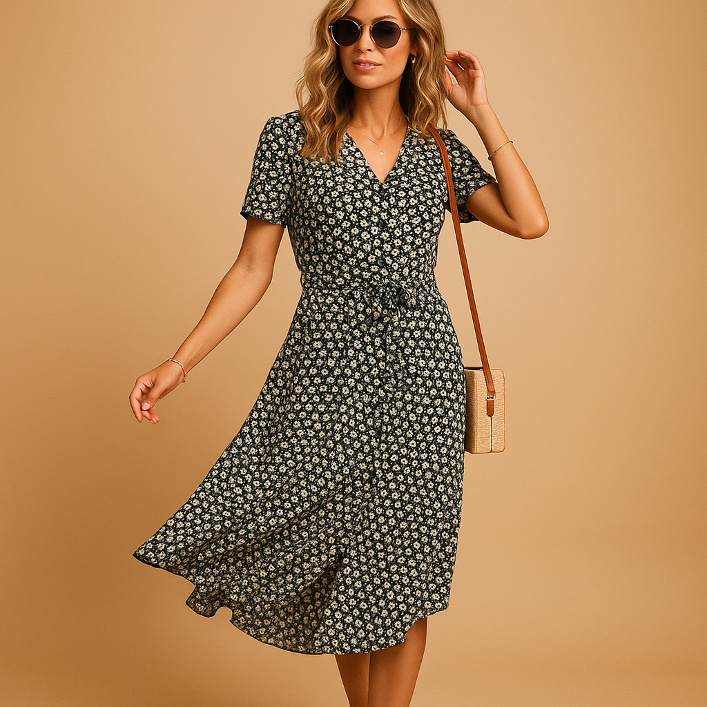 Women’s floral print midi dress with short sleeves, lightweight and breathable, perfect for summer casual outings and parties.