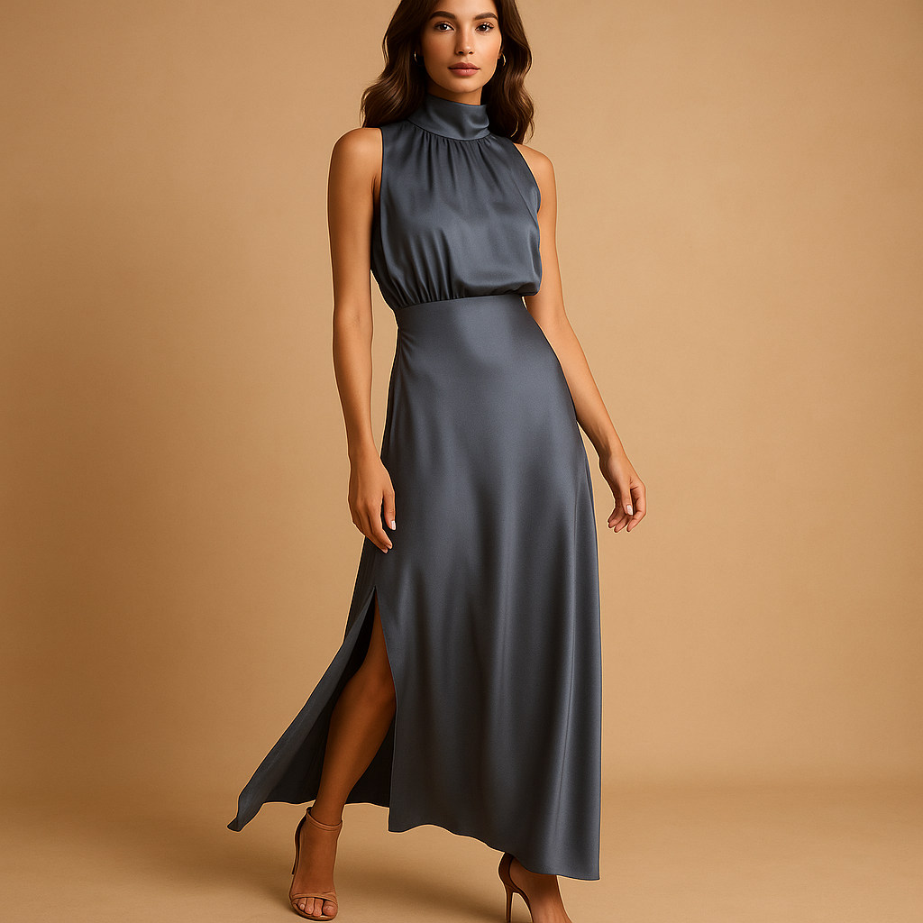 Women’s maxi dress with slit, breathable fabric, and flattering cut. Available in navy, khaki, burgundy, blue, black, and army green.