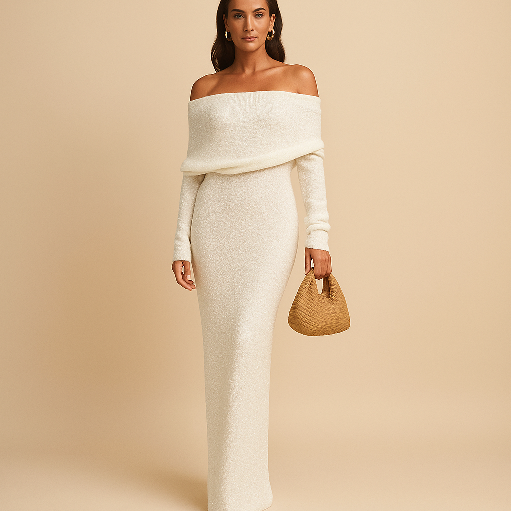 Women’s off-shoulder summer dress with elegant fit, available in khaki, black, and white, perfect for sunny days and special occasions.