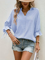 Striped V-Neck Blouse – Casual Tie-Front Detail