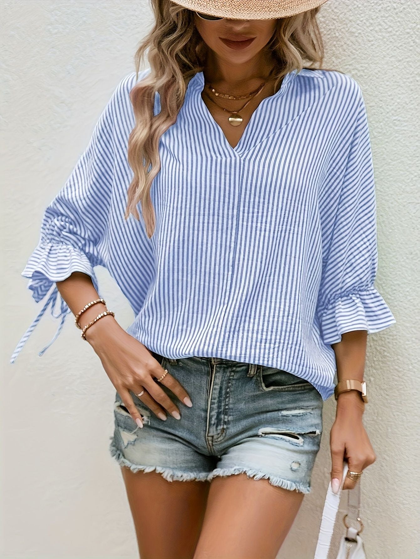 Striped V-Neck Blouse – Casual Tie-Front Detail
