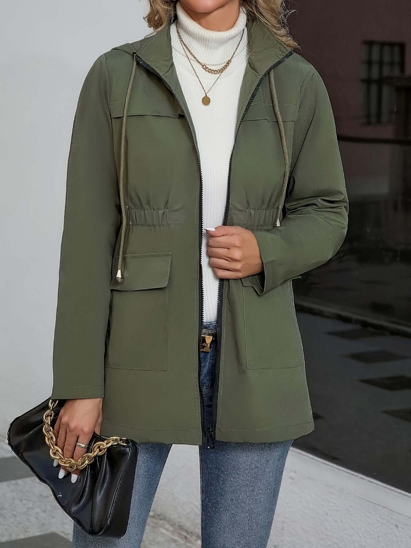 Olive Green Hooded Zip-Up Jacket-Jackets-Darling Fashion-Olive Green-S-Darling Fashion