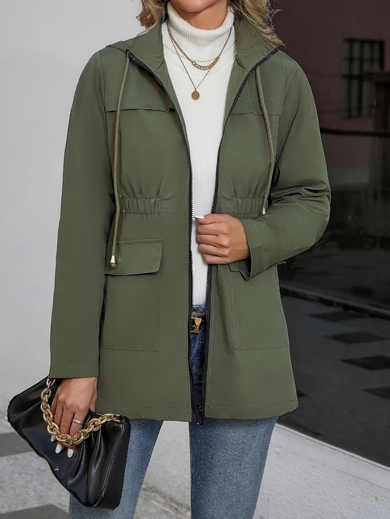 Olive Green Hooded Zip-Up Jacket