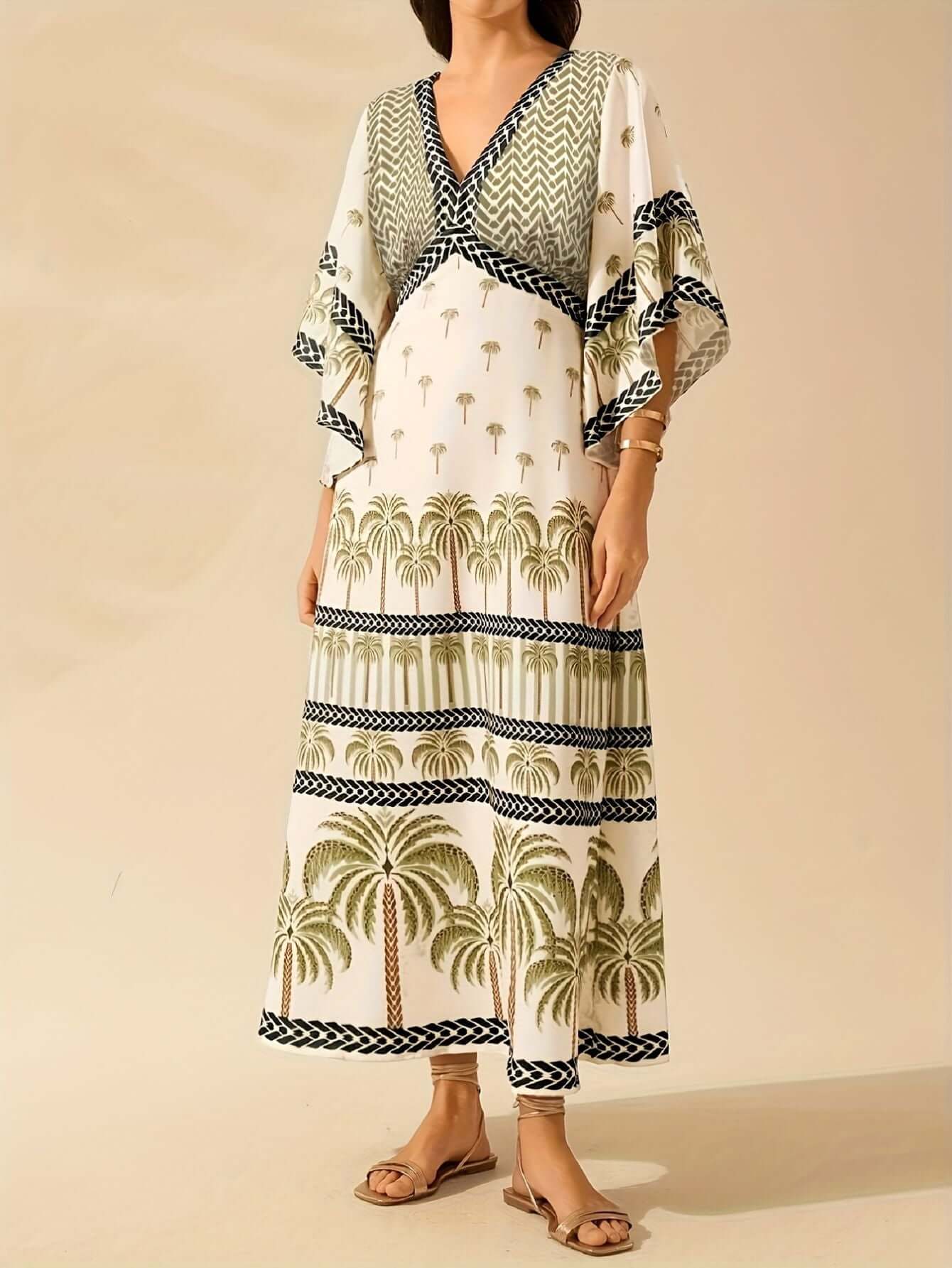 Palm Tree Print Long Dress – Casual Loose Fit-Dresses-Darling Fashion-Green-S-Darling Fashion
