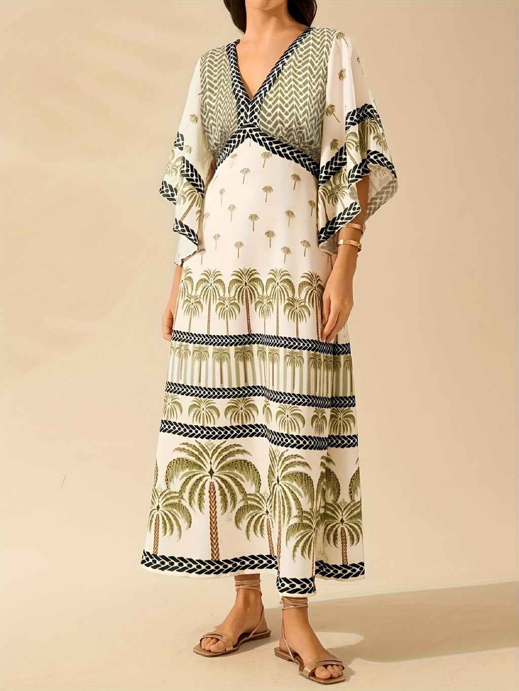 Palm Tree Print Long Dress – Casual Loose Fit