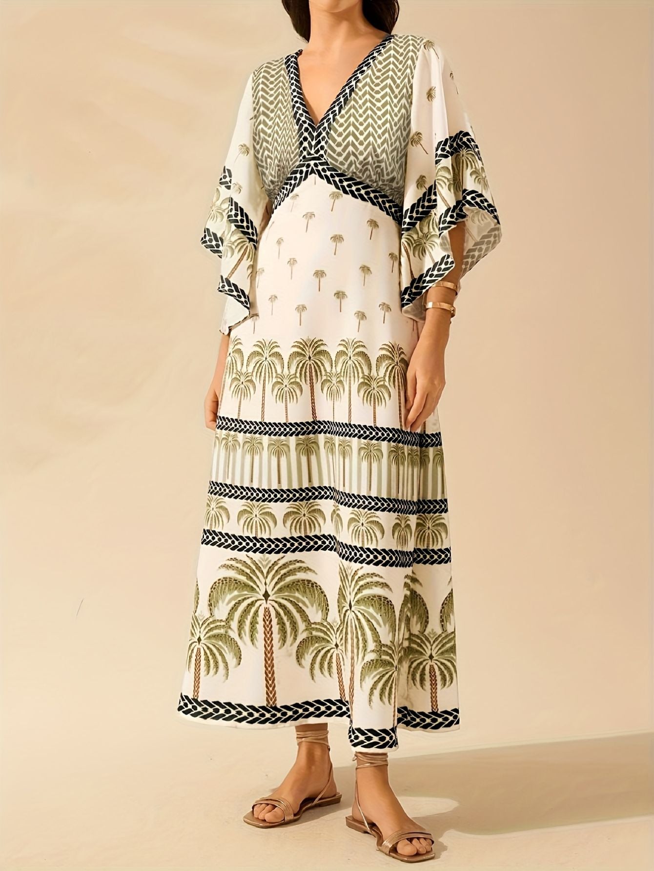 Palm Tree Print Long Dress – Casual Loose Fit