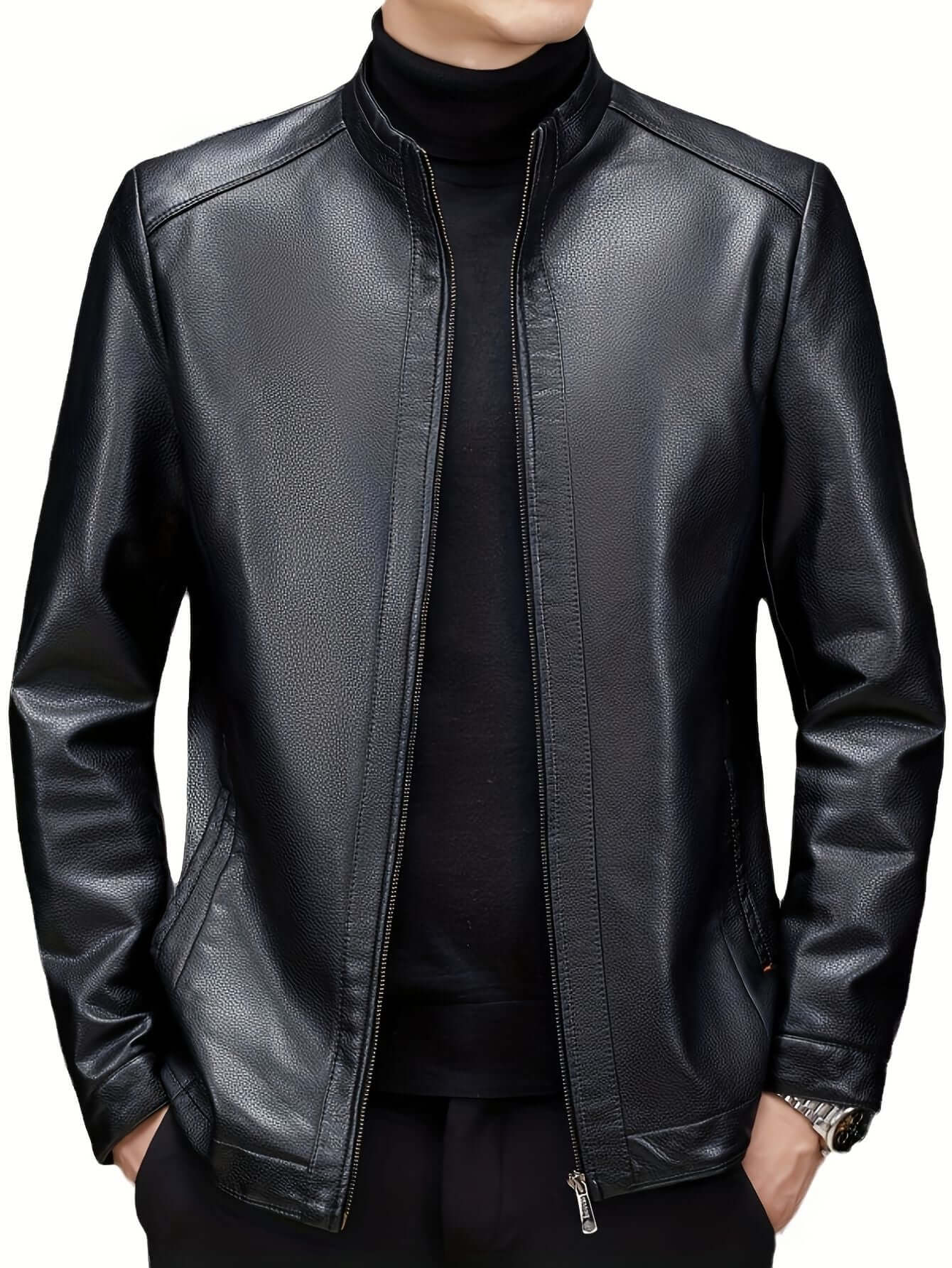 Men's Stand Collar Leather Jacket-Jackets-Darling Fashion-Black-XS-Darling Fashion