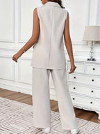 Notched Collar Top & Wide-Leg Pants Set