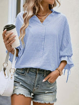 Striped V-Neck Blouse – Casual Tie-Front Detail-Blouses-Darling Fashion-Darling Fashion