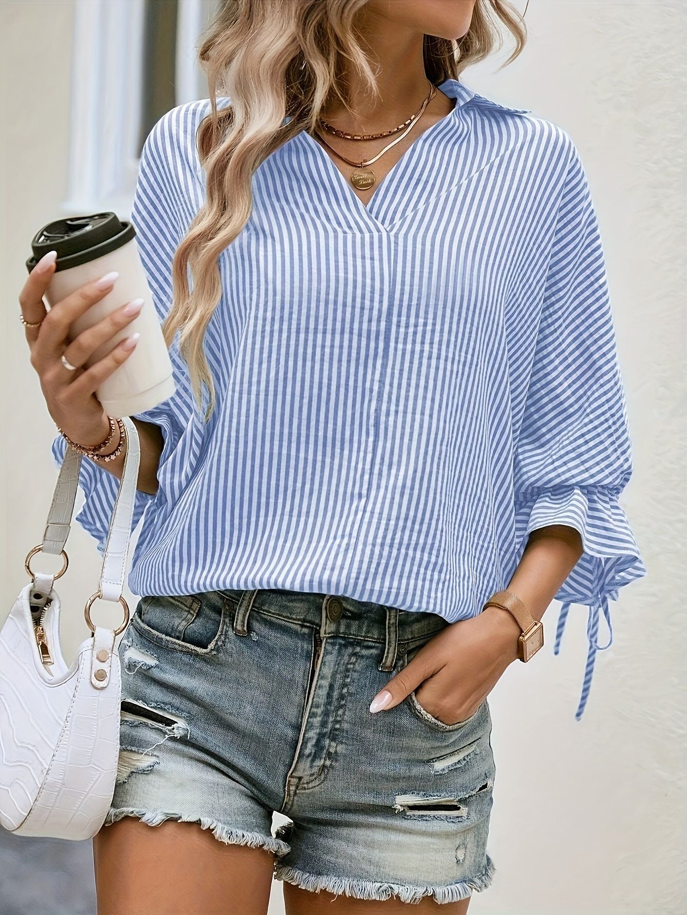 Striped V-Neck Blouse – Casual Tie-Front Detail