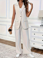 Notched Collar Top & Wide-Leg Pants Set