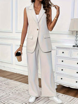 Notched Collar Top & Wide-Leg Pants Set-Outfit Sets-Darling Fashion-Darling Fashion