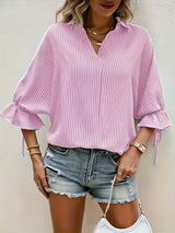 Striped V-Neck Blouse – Casual Tie-Front Detail-Blouses-Darling Fashion-Pink-S-Darling Fashion