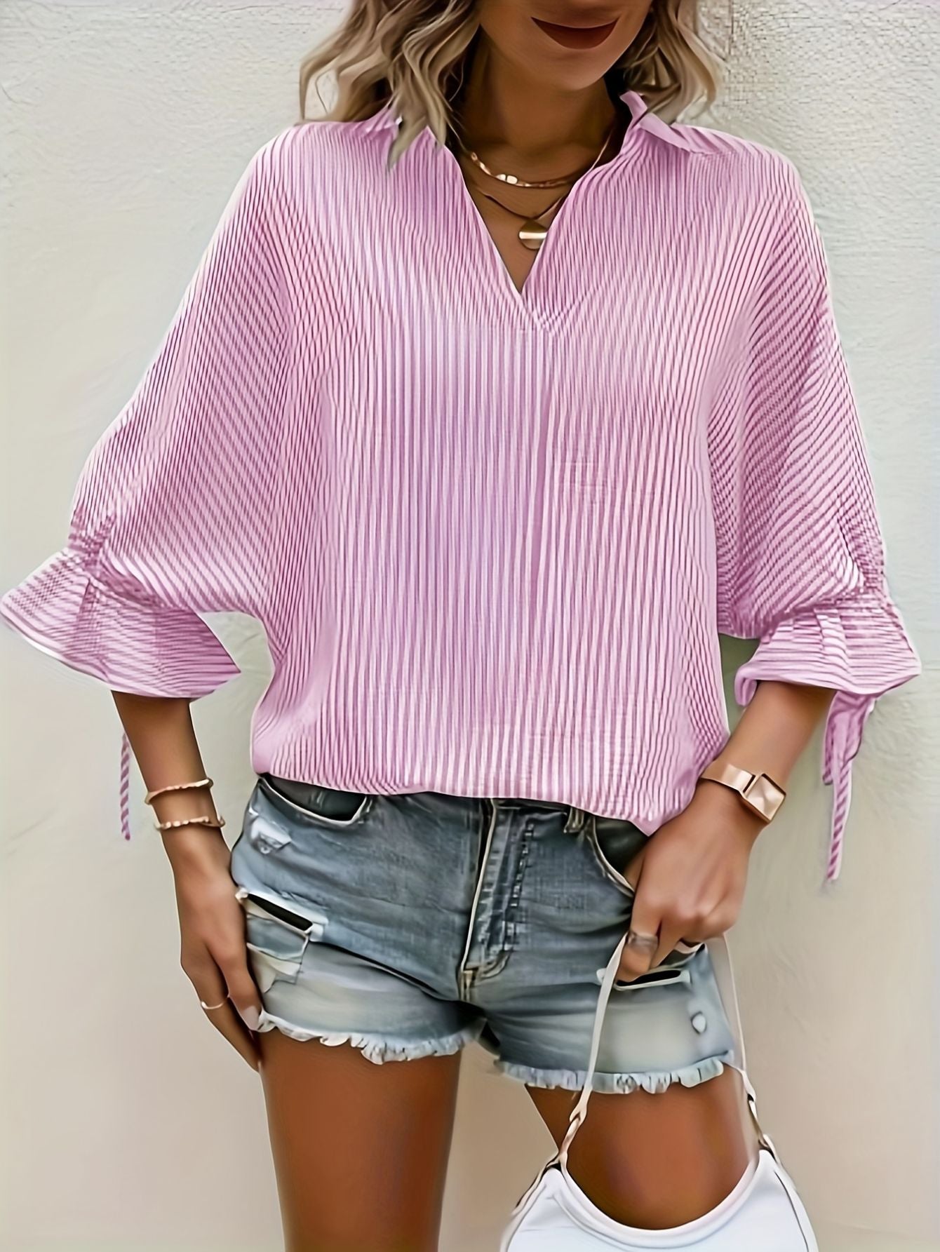Striped V-Neck Blouse – Casual Tie-Front Detail