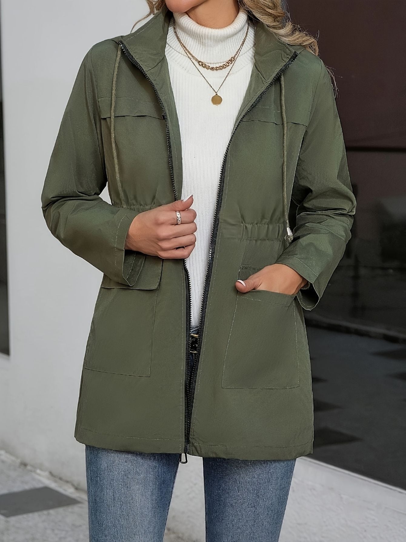 Olive Green Hooded Zip-Up Jacket