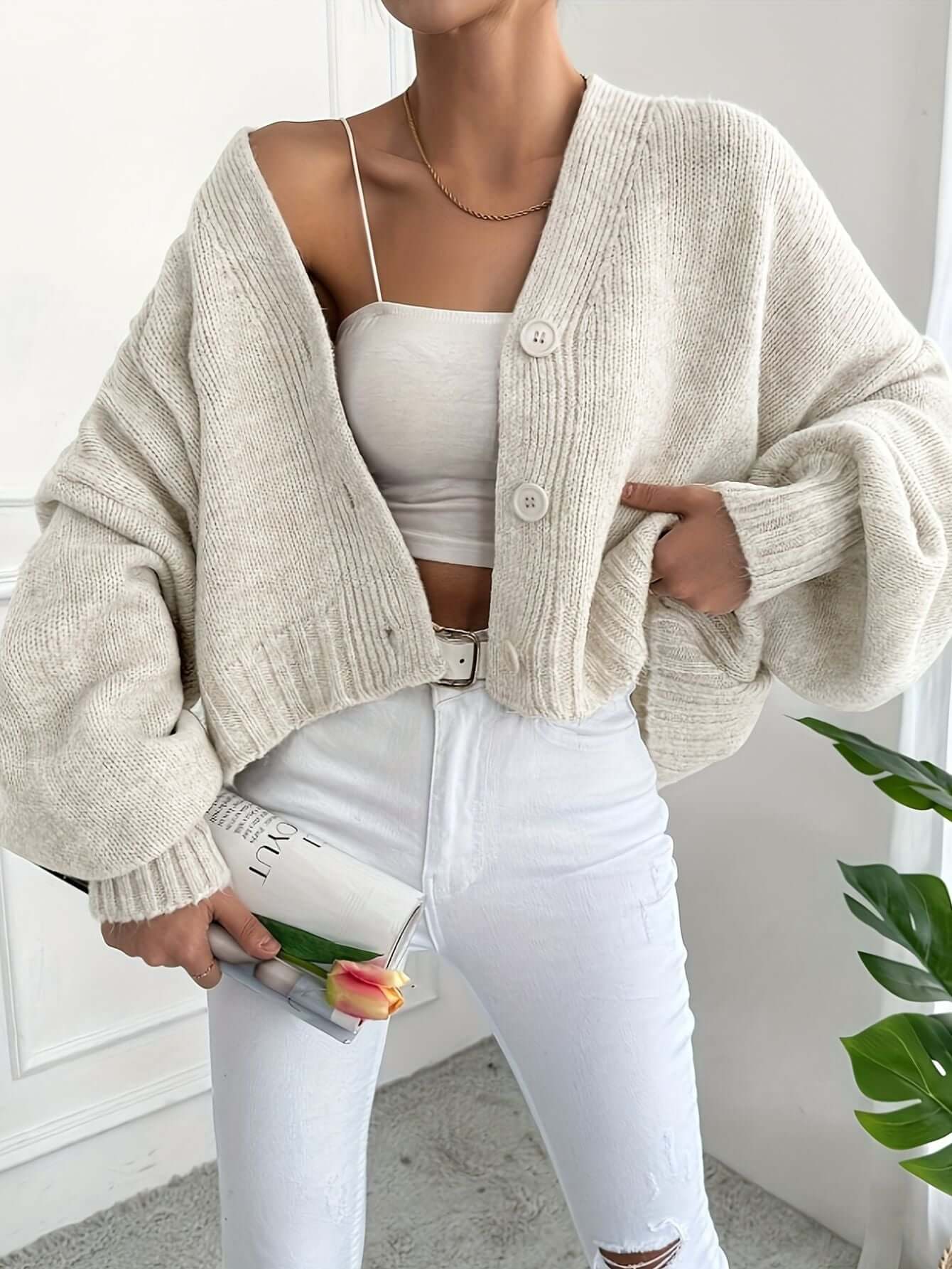V-Neck Knit Button-Up Cardigan-Cardigans-Darling Fashion-Darling Fashion
