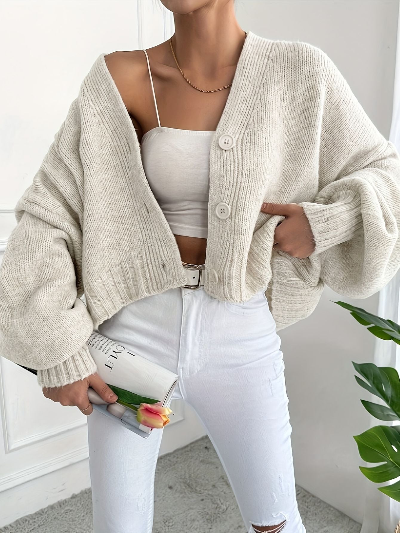 V-Neck Knit  Button-Up Cardigan