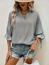 Striped V-Neck Blouse – Casual Tie-Front Detail-Blouses-Darling Fashion-Gray-S-Darling Fashion