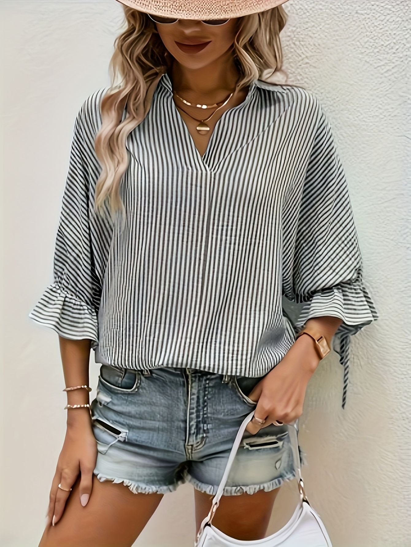 Striped V-Neck Blouse – Casual Tie-Front Detail