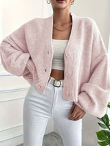 V-Neck Knit Button-Up Cardigan-Cardigans-Darling Fashion-Pink-XS-Darling Fashion