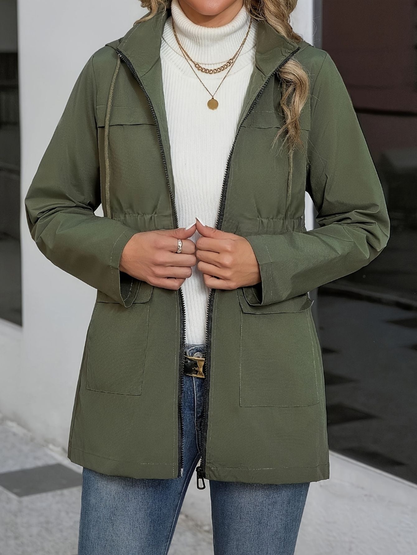 Olive Green Hooded Zip-Up Jacket