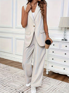 Notched Collar Top & Wide-Leg Pants Set
