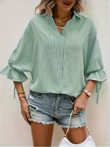 Striped V-Neck Blouse – Casual Tie-Front Detail-Blouses-Darling Fashion-Green-S-Darling Fashion