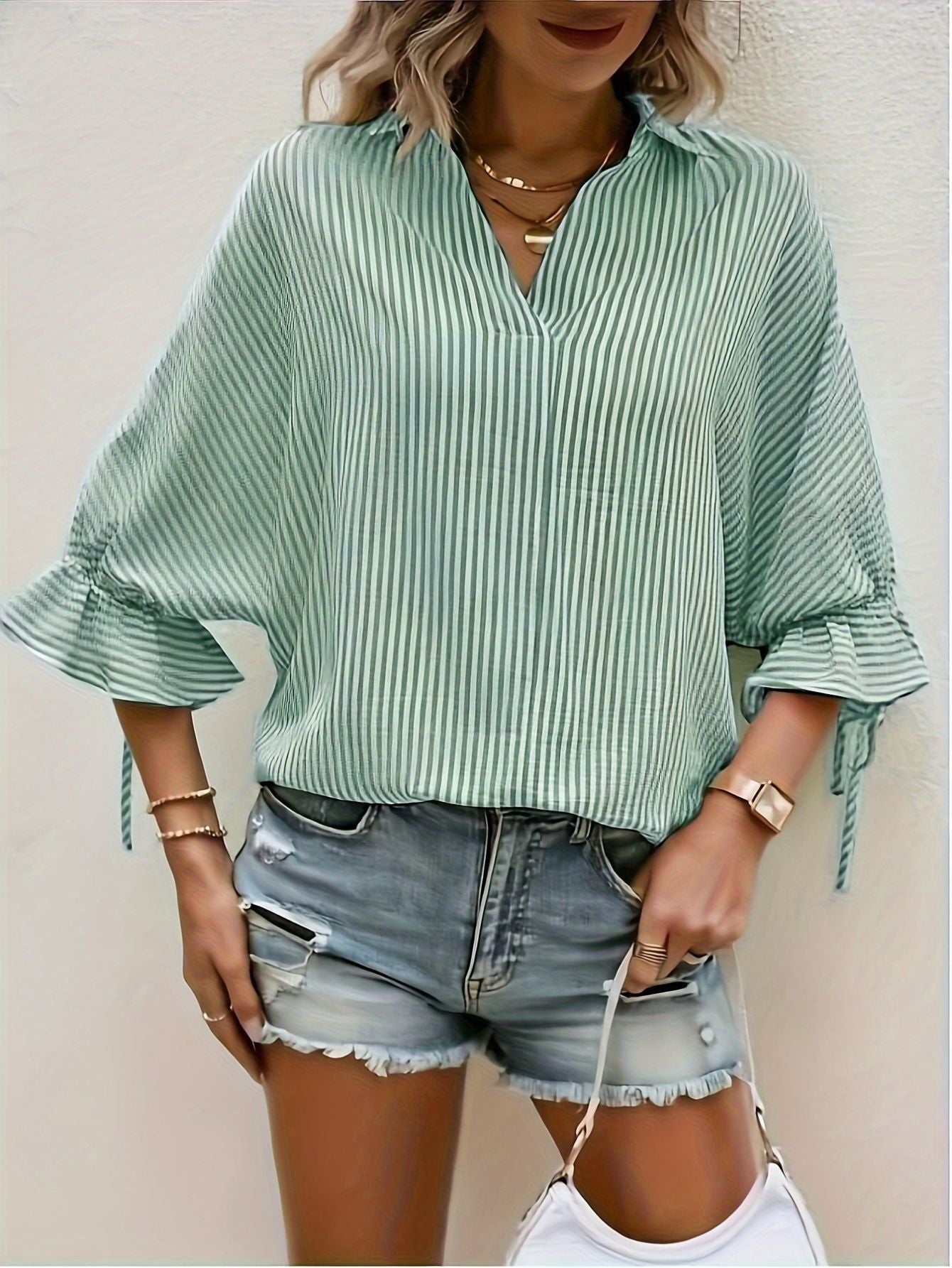 Striped V-Neck Blouse – Casual Tie-Front Detail