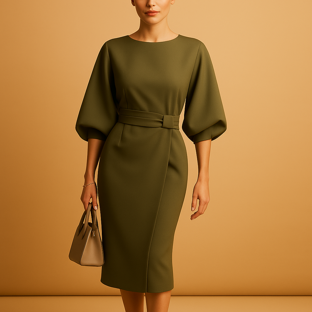 Women’s A-line midi dress with waist belt and flared sleeves, perfect for office, chic dinners, and semi-formal occasions.