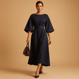 A-line midi dress with belt for women | Lillian-Dresses-Darling Fashion-Navy Blue-S-Darling Fashion