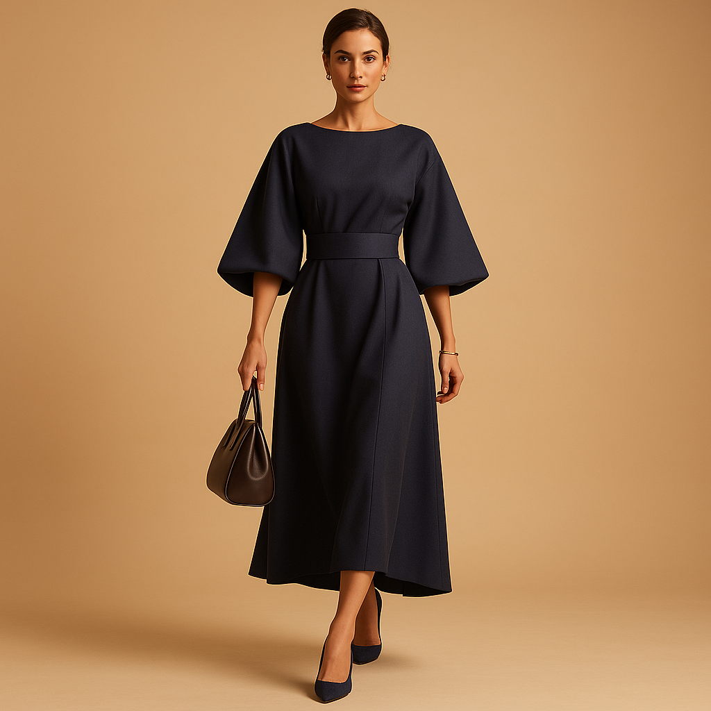 Women’s A-line midi dress with waist belt and flared sleeves, perfect for office, chic dinners, and semi-formal occasions.