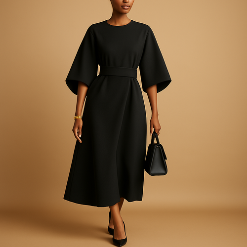 Women’s A-line midi dress with waist belt and flared sleeves, perfect for office, chic dinners, and semi-formal occasions.