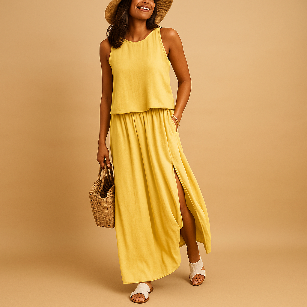 Women’s airy summer dress with short sleeves and a relaxed knee-length fit, perfect for casual outings and elegant summer looks.