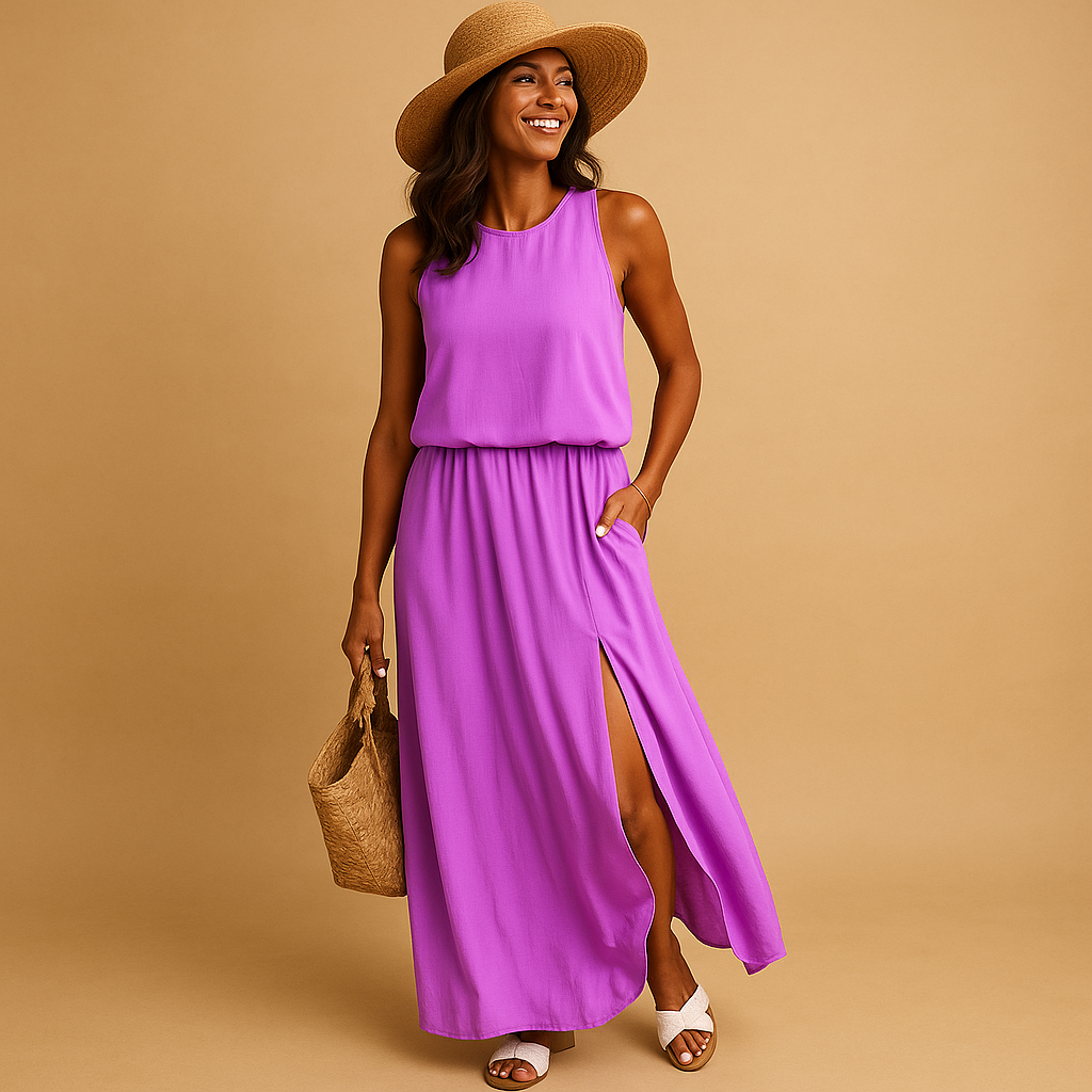 Women’s airy summer dress with short sleeves and a relaxed knee-length fit, perfect for casual outings and elegant summer looks.
