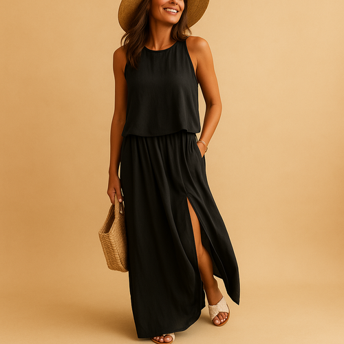 Women’s airy summer dress with short sleeves and a relaxed knee-length fit, perfect for casual outings and elegant summer looks.
