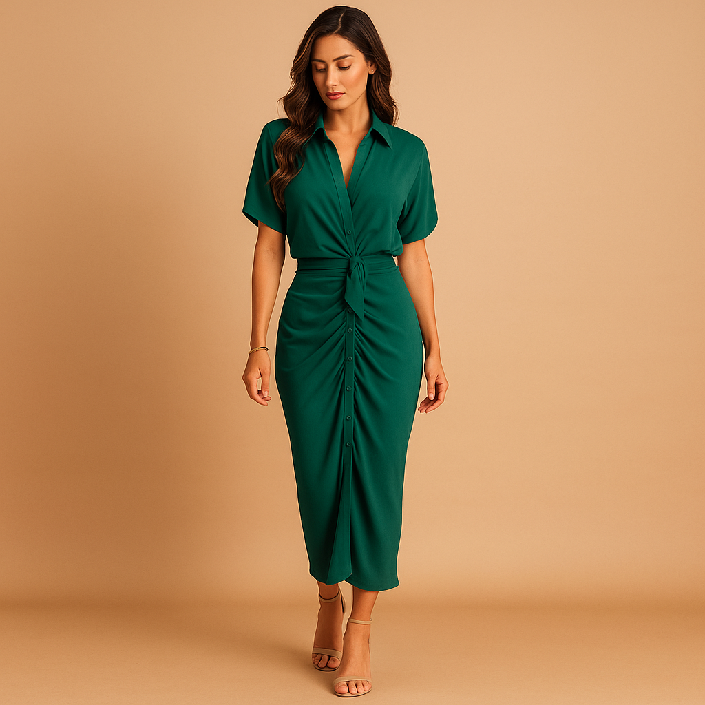 Ankle-length evening dress for women with V-neckline, draping, and subtle ruffles. Elegant and flowing design, perfect for galas and formal occasions.