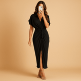Ankle-length evening dress with draping for women | Eliana-Dresses-Darling Fashion-Black-S-Darling Fashion