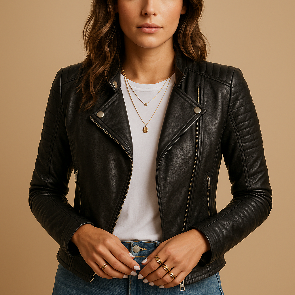Black faux leather jacket for women with collar | Amelia-Jackets-Darling Fashion-Black-S-Darling Fashion