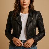 Black faux leather jacket for women with collar | Amelia-Jackets-Darling Fashion-Black-S-Darling Fashion