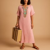 Bohemian kaftan dress for women with flowy silhouette and lightweight fabric, perfect for summer beach days, casual outings, and elegant events.