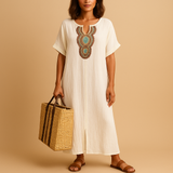 Bohemian kaftan dress for women with flowy silhouette and lightweight fabric, perfect for summer beach days, casual outings, and elegant events.