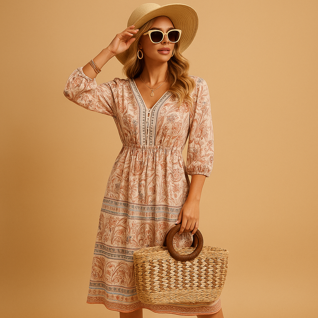 Women’s bohemian summer dress with airy fit and refined patterns, perfect for festivals, beach days, and casual summer outings.