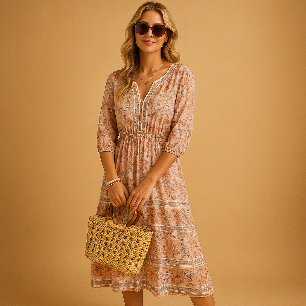 Women’s bohemian summer dress with airy fit and refined patterns, perfect for festivals, beach days, and casual summer outings.