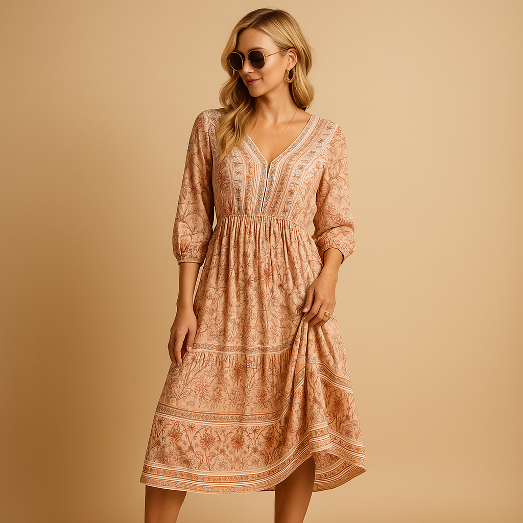 Women’s bohemian summer dress with airy fit and refined patterns, perfect for festivals, beach days, and casual summer outings.
