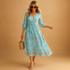 Women’s bohemian summer dress with airy fit and refined patterns, perfect for festivals, beach days, and casual summer outings.