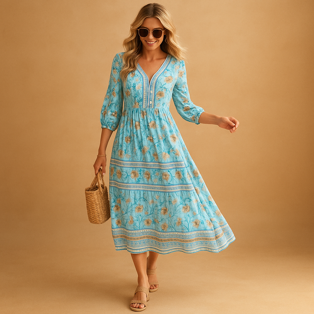 Women’s bohemian summer dress with airy fit and refined patterns, perfect for festivals, beach days, and casual summer outings.
