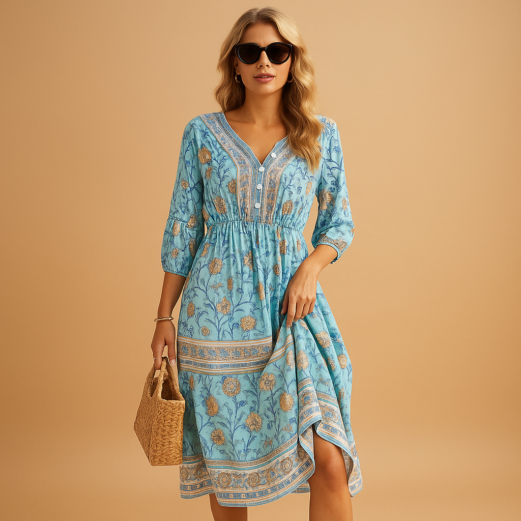 Women’s bohemian summer dress with airy fit and refined patterns, perfect for festivals, beach days, and casual summer outings.