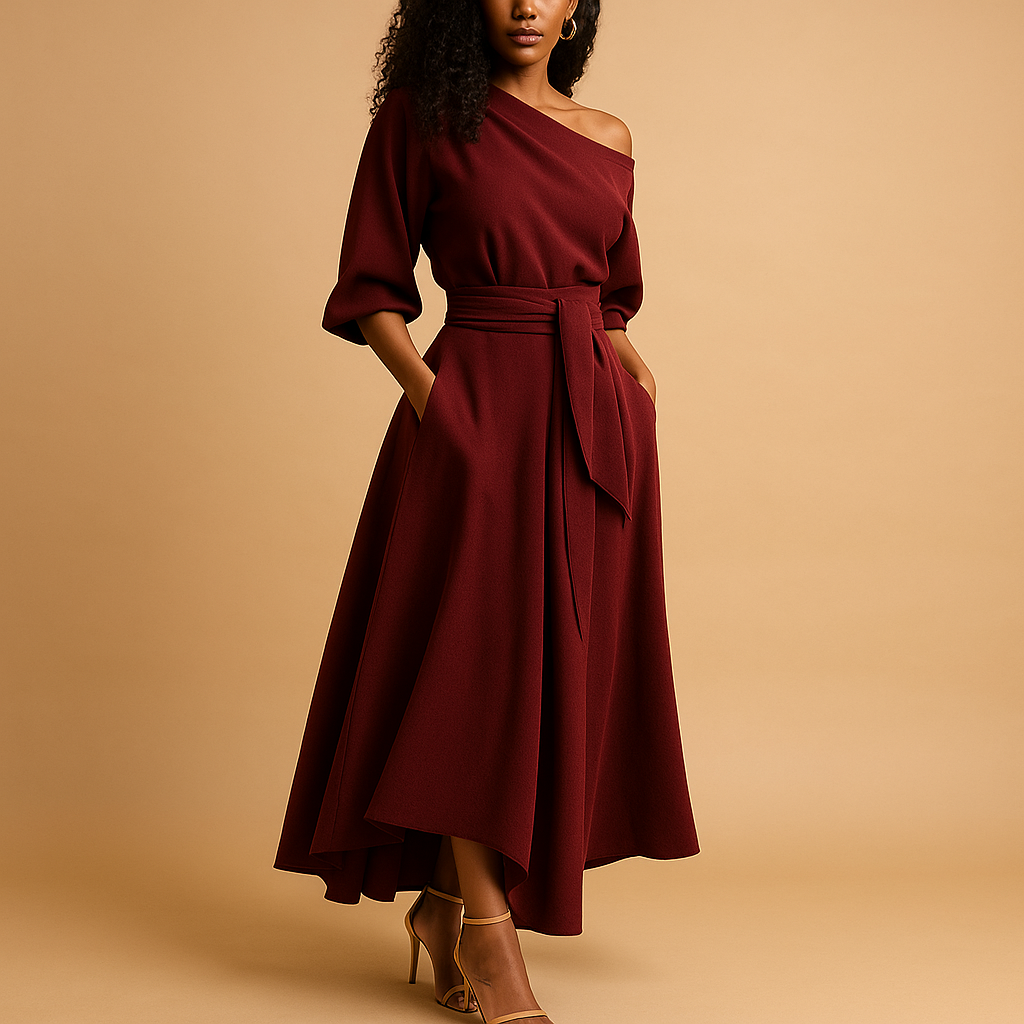 Elegant women’s dress with waistband for a flattering silhouette, ideal for casual outings, weddings, or parties. Available in multiple colors and sizes.