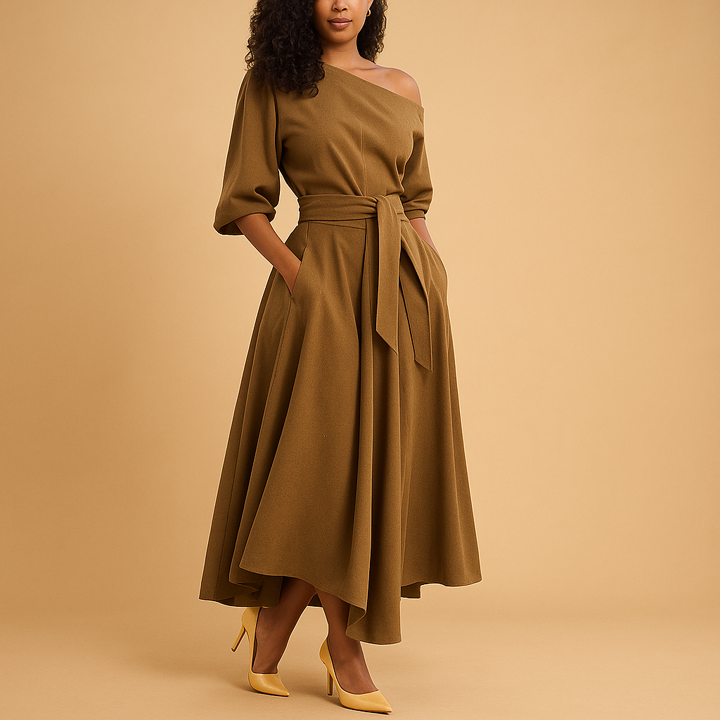 Elegant women’s dress with waistband for a flattering silhouette, ideal for casual outings, weddings, or parties. Available in multiple colors and sizes.