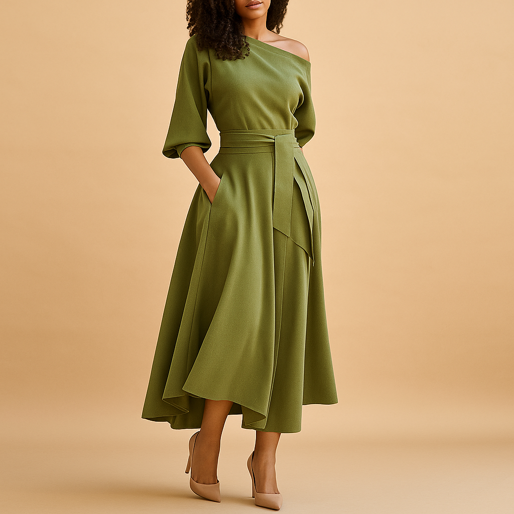 Elegant women’s dress with waistband for a flattering silhouette, ideal for casual outings, weddings, or parties. Available in multiple colors and sizes.